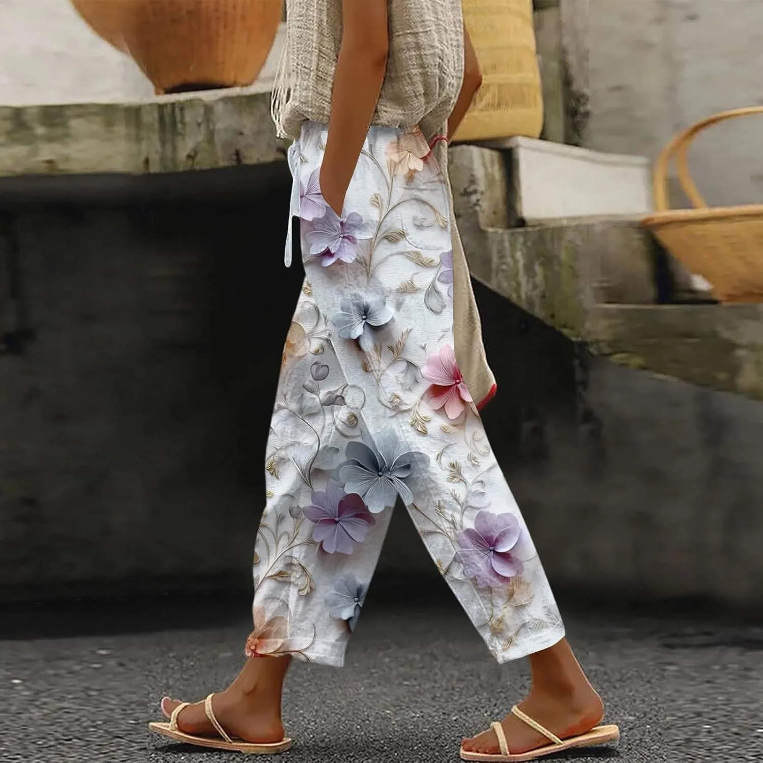 Женские брюки Casual из льна, летние капри на высокой талии, прямые свободные с карманами generic, белый — фото 2