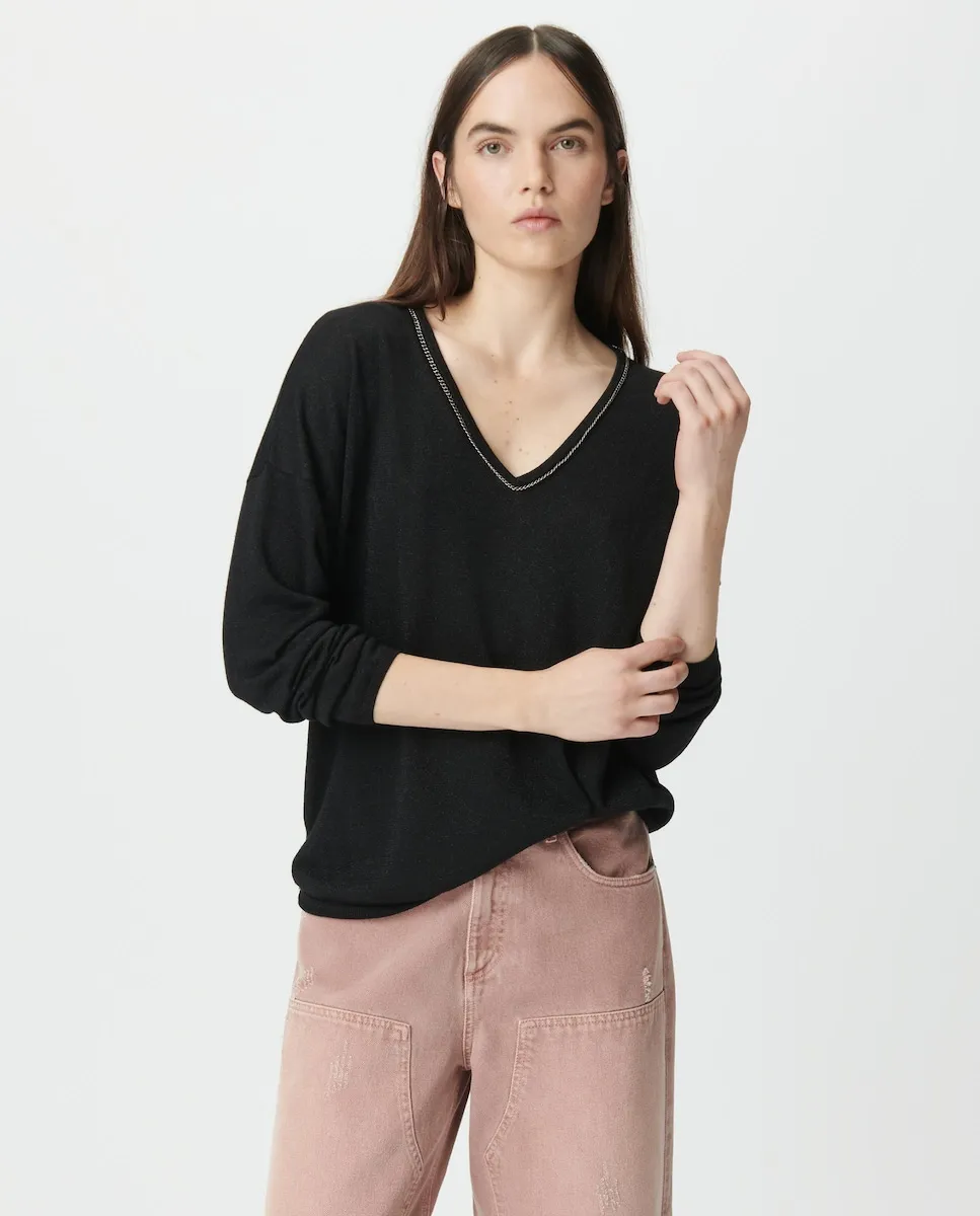 

Женский джемпер из тонкой вязки с люрексом и вырезом-жемчужиной IKKS, черный