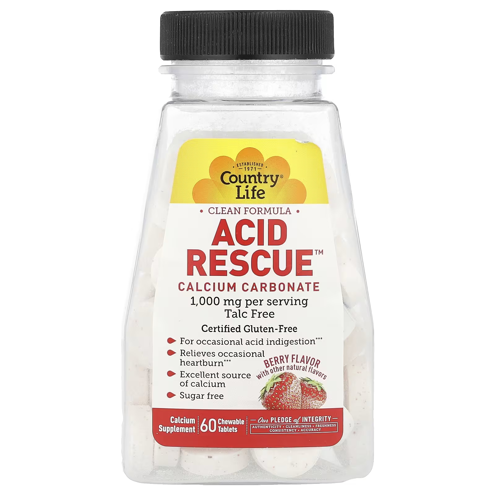 

Карбонат кальция Country Life Acid Rescue с ягодным вкусом, 60 жевательных таблеток