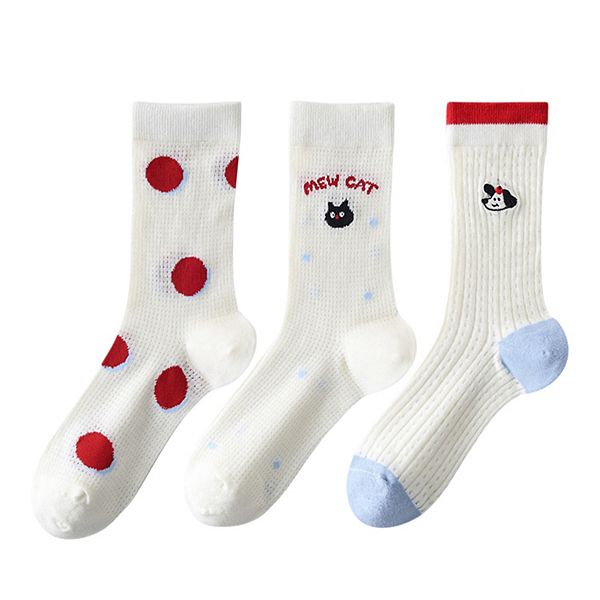

Женские носки с милой вышивкой в мультяшном стиле, 3 пары, веселый принт, мягкая хлопковая вязка Anna-Kaci, White Red Blue