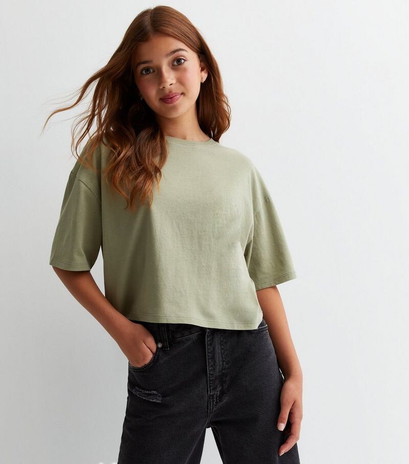 

Оливковая хлопковая футболка свободного кроя для девочек New Look, оливковый