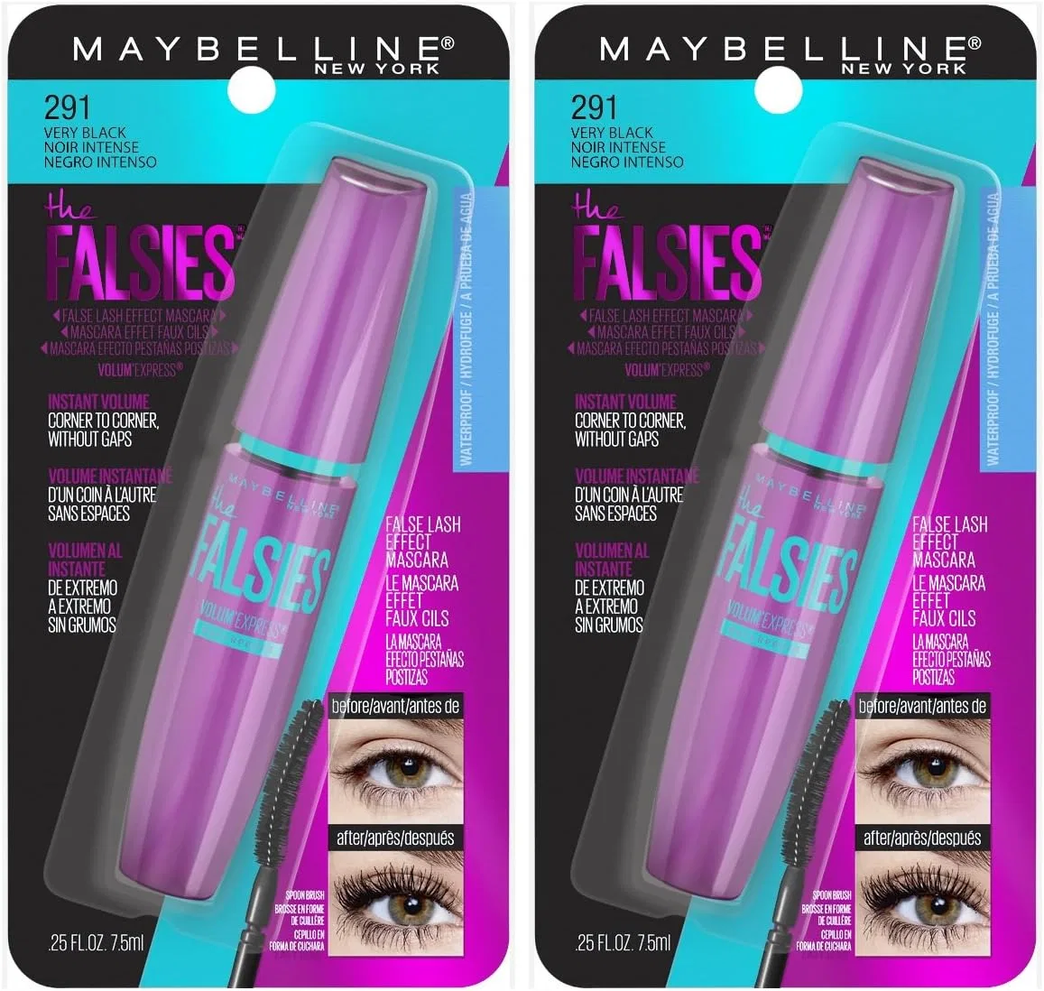 Тушь для ресниц объемная удлиняющая водостойкая Very Black Maybelline Volum' Express The Falsies 2 шт — фото 2