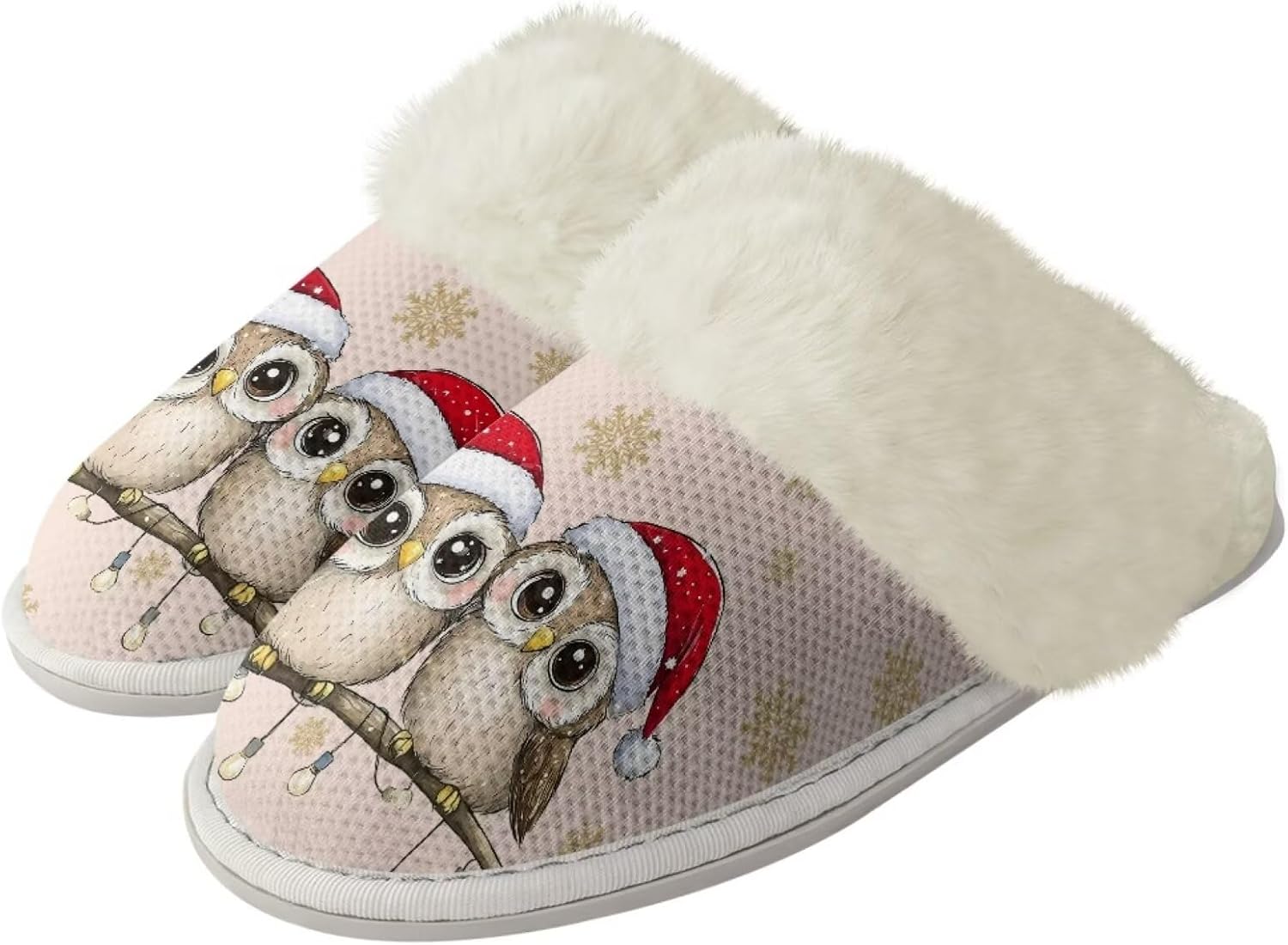 

Женские и мужские теплые тапочки мягкие плюшевые домашние тапочки с противоскользящей подошвой, пушистым воротником, для спальни, для дома и улицы Jiquruby, Christmas Owls