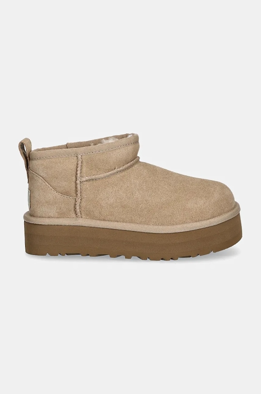 Детские замшевые зимние сапоги CLASSIC ULTRA MINI PLATFORM Ugg, бежевый — фото 2