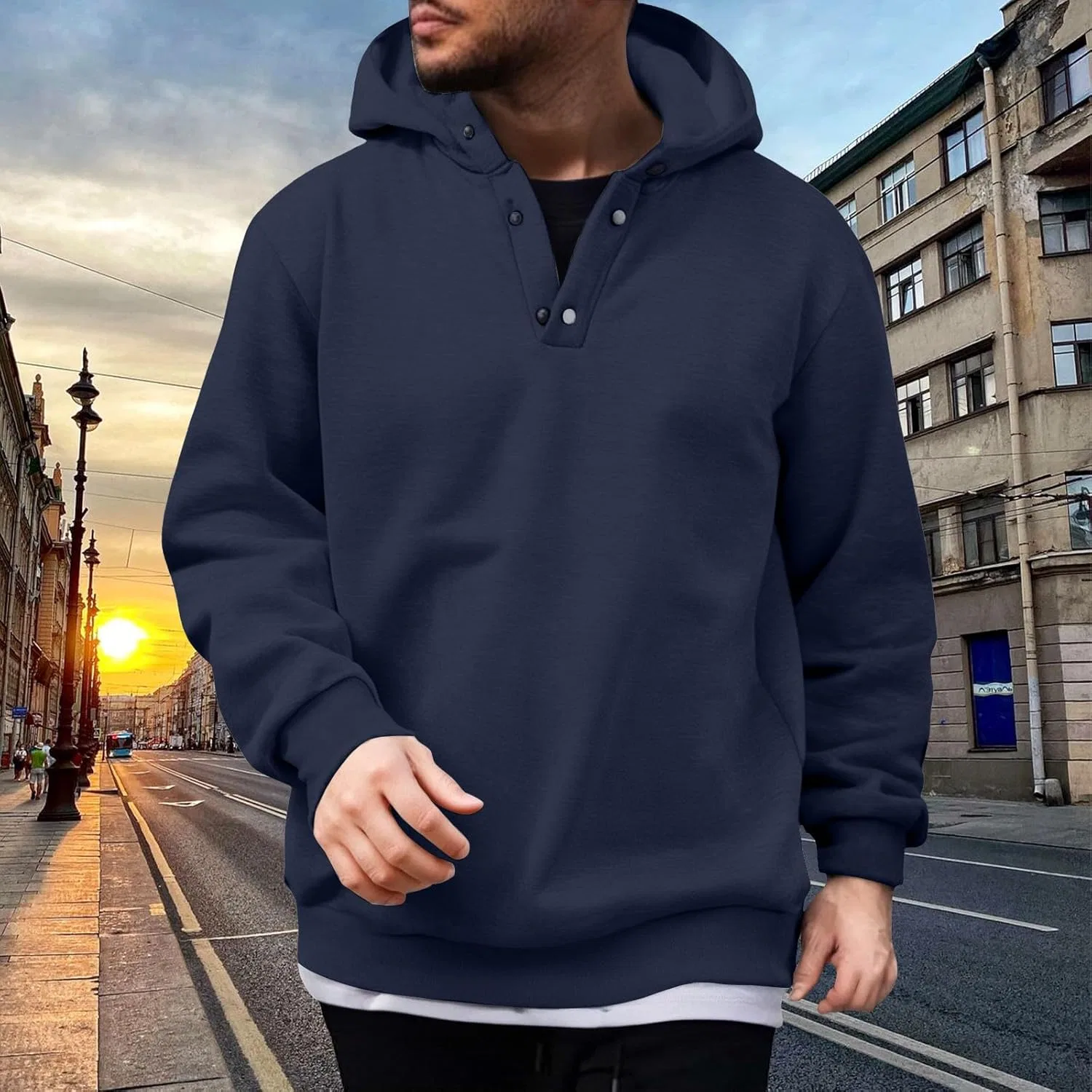 Толстовка с капюшоном мужская на молнии, свободный крой, Dark Blue — фото 3