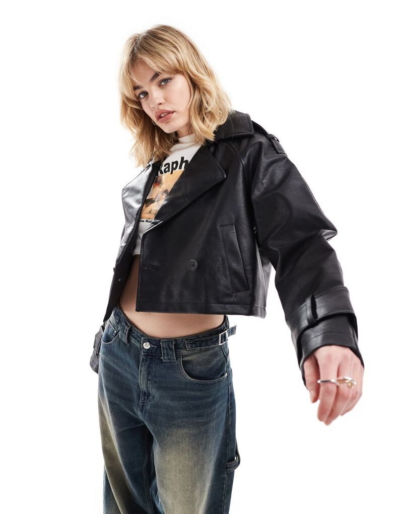 

Черный укороченный тренч с имитацией кожи ASOS DESIGN