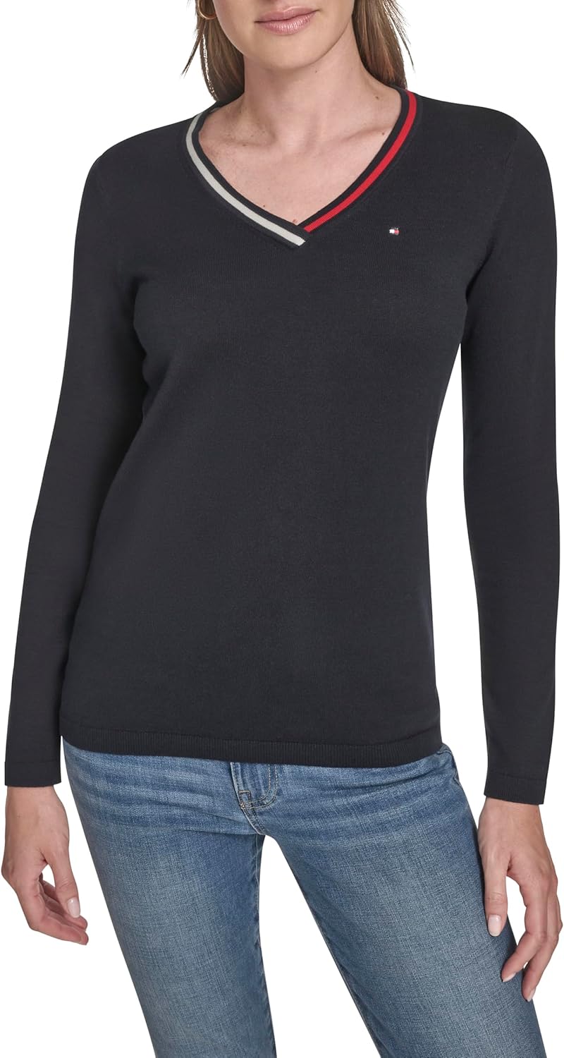 

Женский однотонный хлопковый свитер Tommy Hilfiger с длинными рукавами и V-образным вырезом, Sky Captain Multi