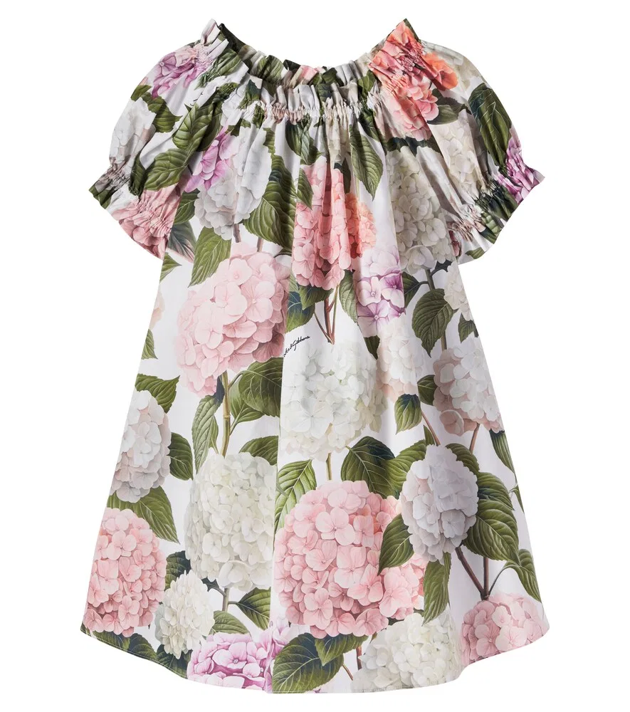 Хлопковое платье с цветочным принтом и сборками Dolce&Gabbana Kids, мультиколор