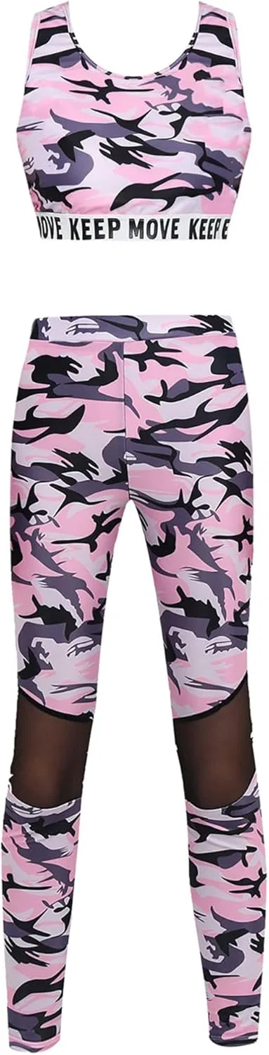 Детский спортивный костюм с принтом Sxiwei, 2 предмета: топ и леггинсы, Camouflage Pink