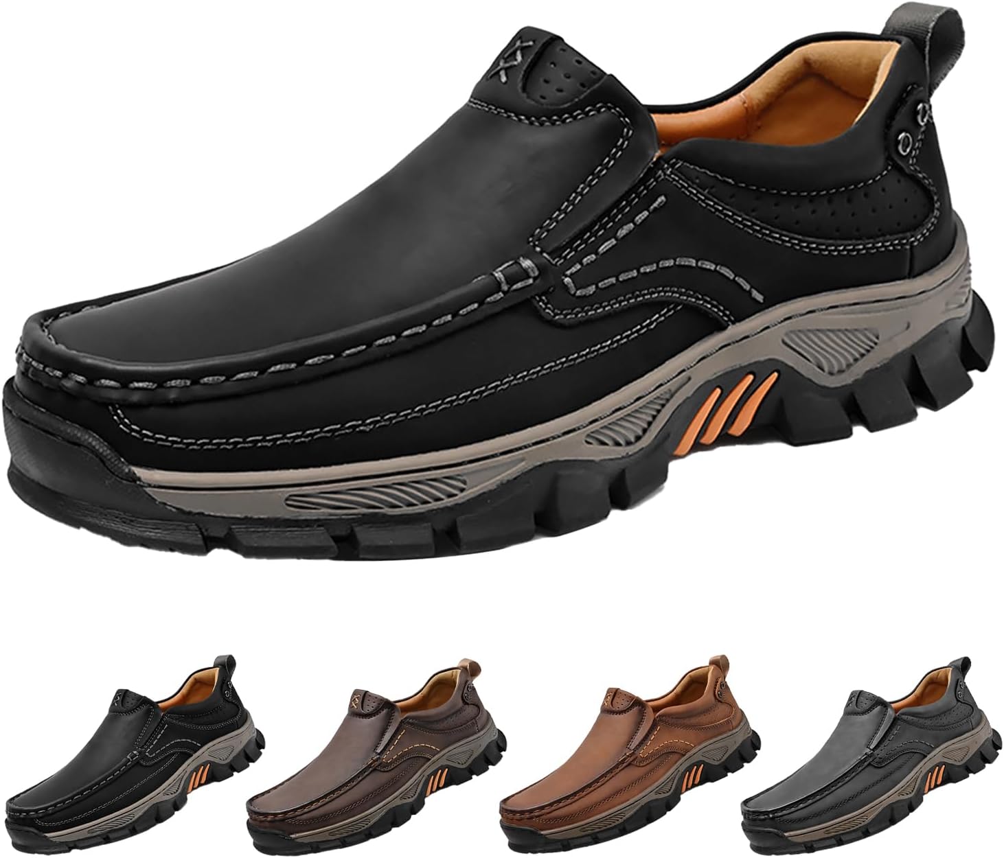 

Мужские лоферы без шнурков, удобные с ручной строчкой, кожаные, с эластичной подошвой, противоскользящие, с поддержкой свода стопы, для путешествий, походов и прогулок Hneowgn, черный