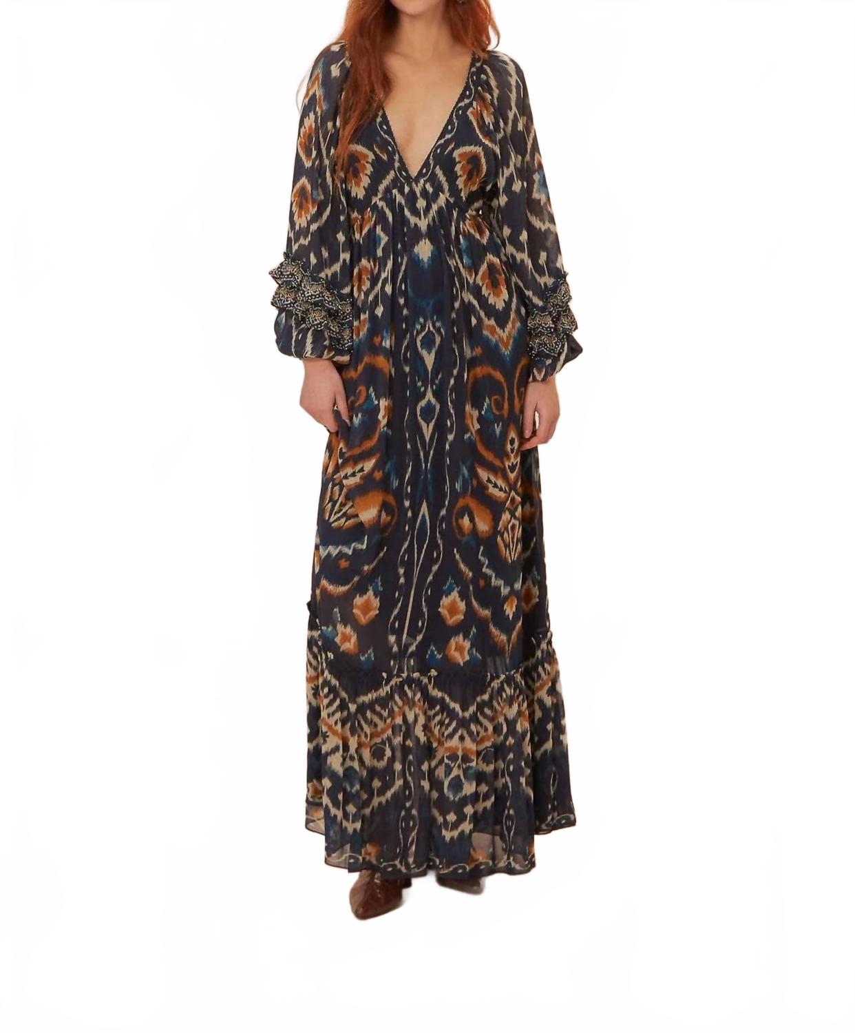 

Ананасовый Икат Реглан Макси Платье В Синем FARM Rio