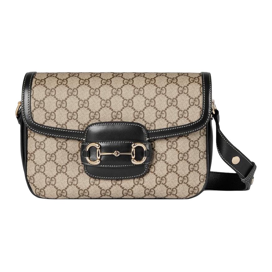

GUCCI Кожаная сумка через плечо с конской удилой малая женская бежевая и тёмно-коричневая