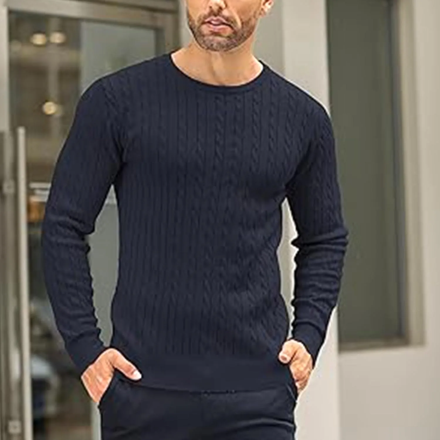 Мужской свитер с косой вязкой и длинными рукавами Slim Fit — фото 3