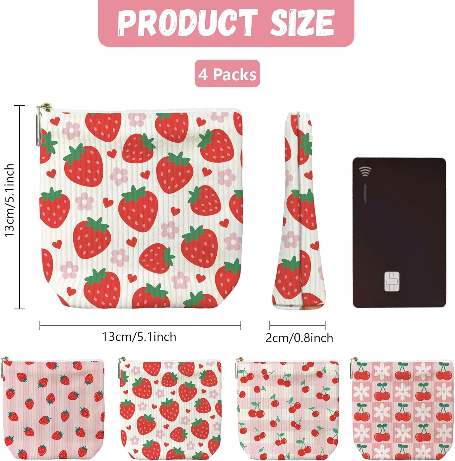 Набор из 4 вельветовых косметичек Peacoblue No brand, Strawberry And Cherry With Flowers — фото 3