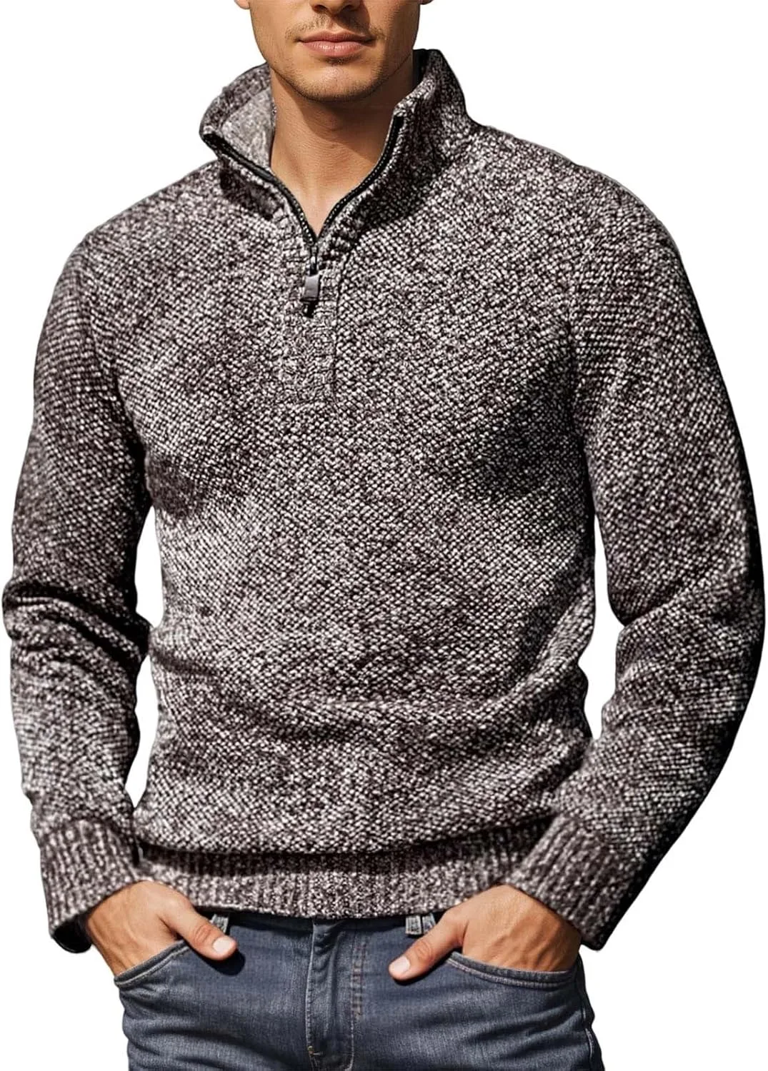 

Мужской свитер с четвертью молнии классический вязаный пуловер теплый повседневный легкий текстурированный с высоким воротником и длинными рукавами