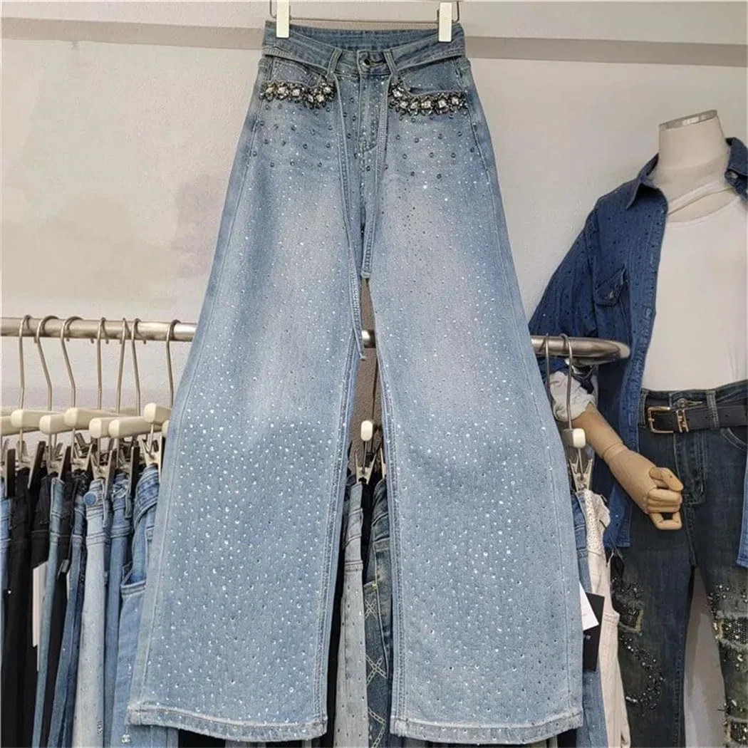 Джинсы деним Grey, Women High Waist Straight Jeans Heavy Spliced Diamond Design Vintage Denim Pants Summer Casual Chic — фото 3