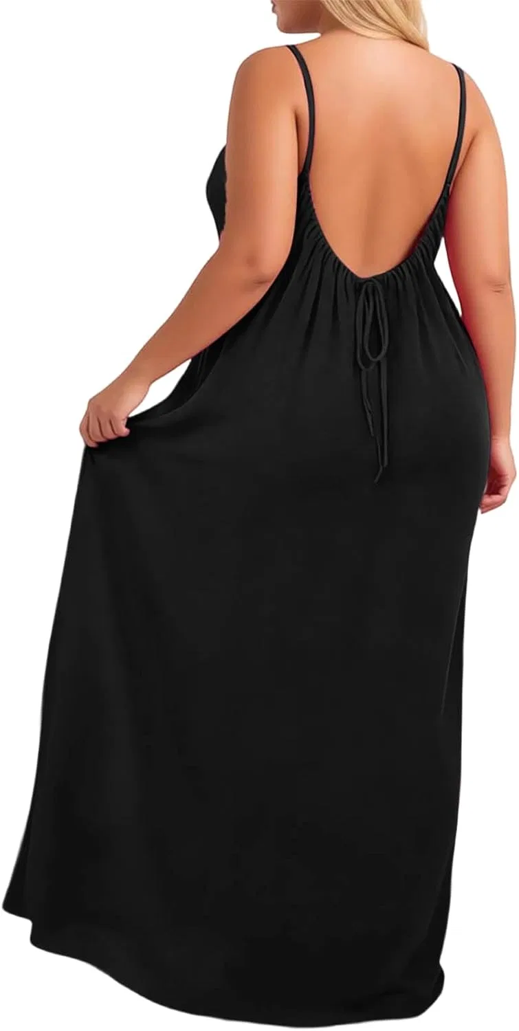 Платье-ками Backless для женщин Plus Size, без рукавов, домашнее, длинное, с завязкой на спине Generic, черный