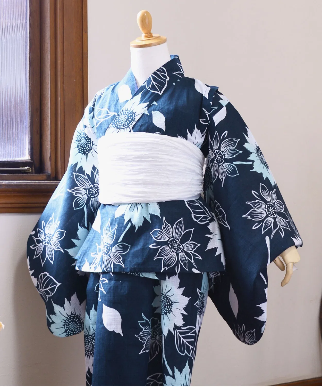 Детский комплект юката 2way с цветочным узором, бренд Kyoto Kimono Town, 3 предмета, тёмно-синий