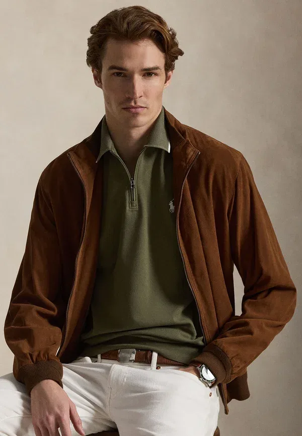 Классическая приталенная сетчатая рубашка-поло на молнии Polo Ralph Lauren, оливковый — фото 4