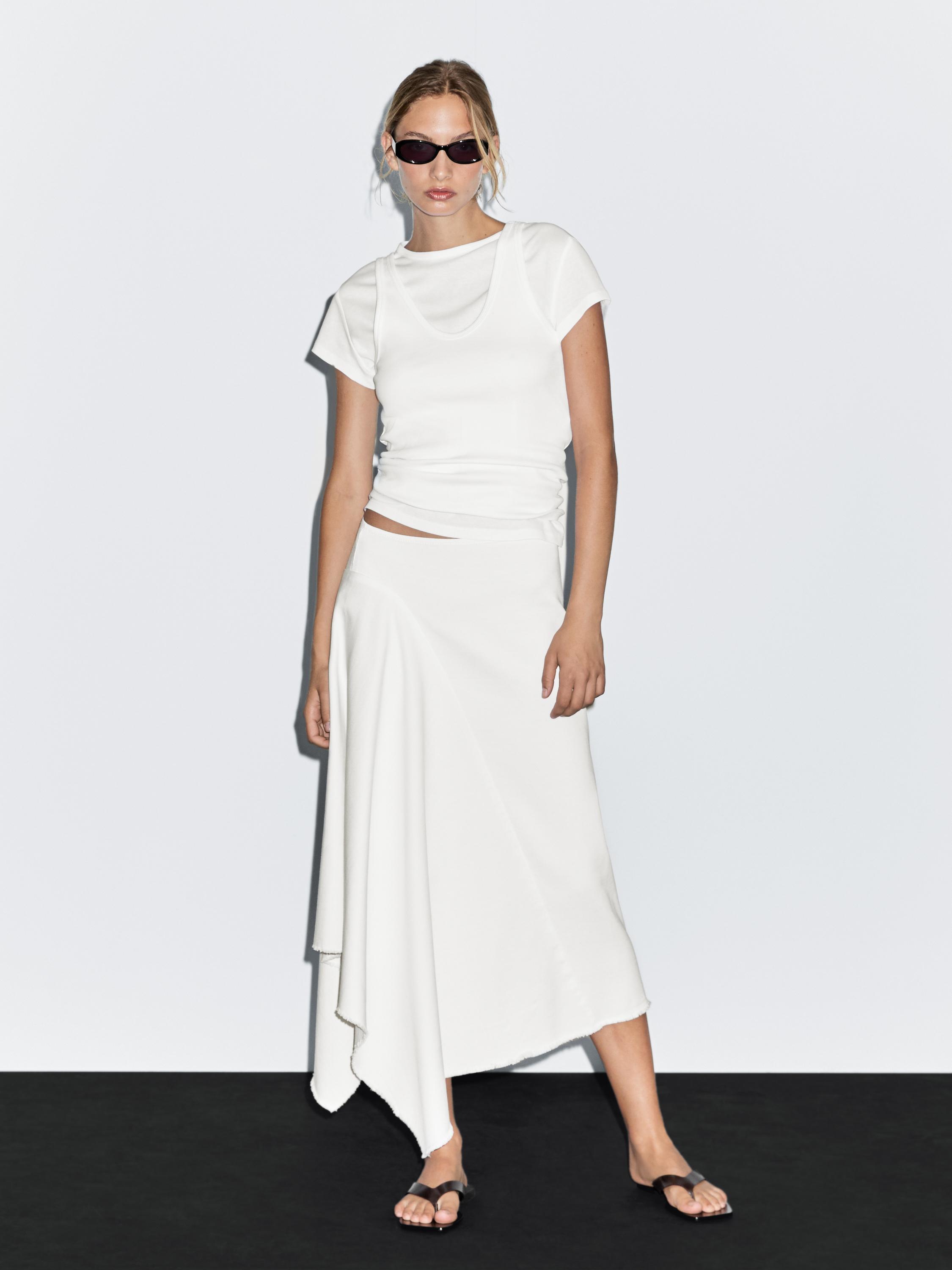 

Асимметричная джинсовая юбка миди Massimo Dutti, кремовый