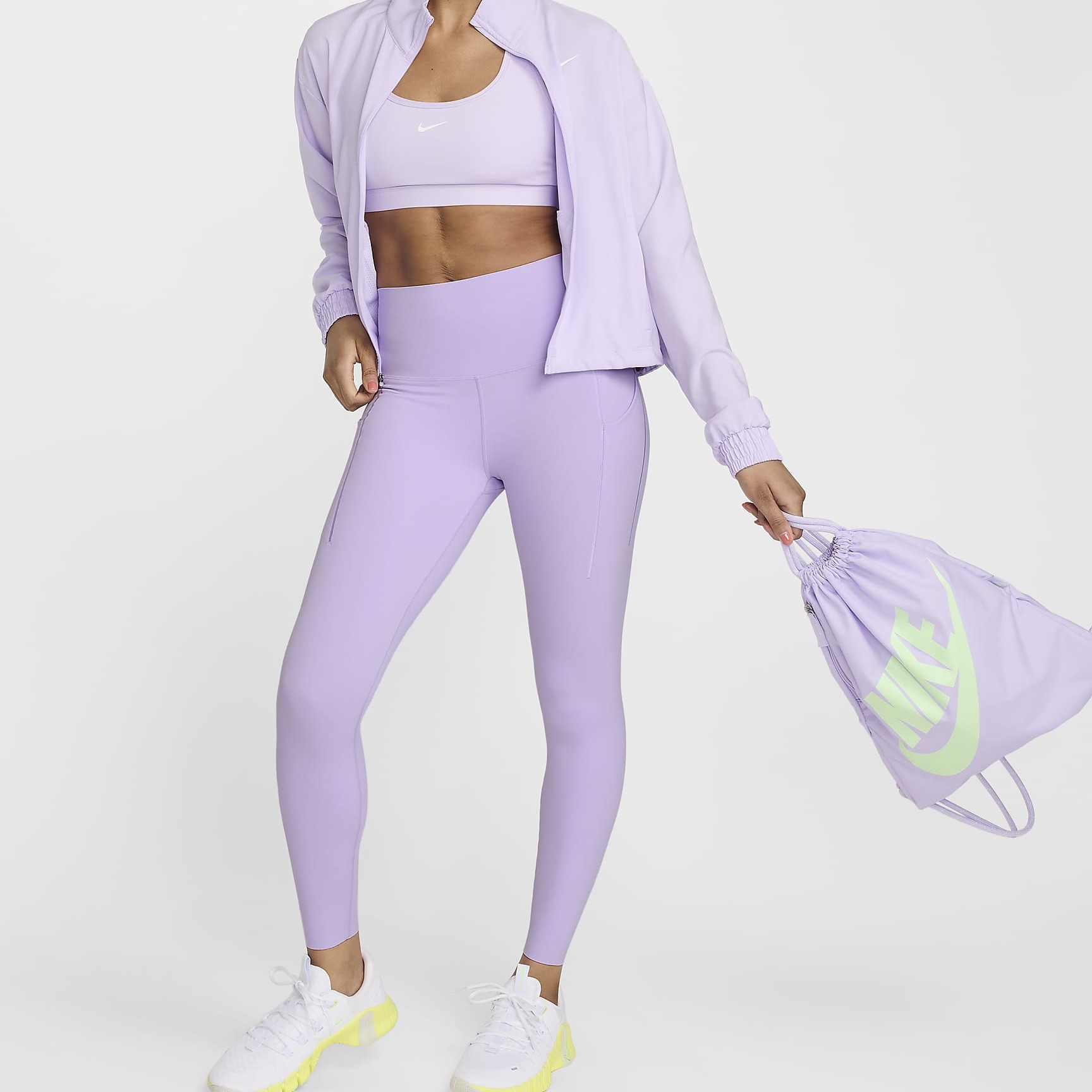 Женские леггинсы Nike с карманами, универсальные, средняя поддержка, высокая талия, длина 7/8, цвет сиреневый/черный — фото 4