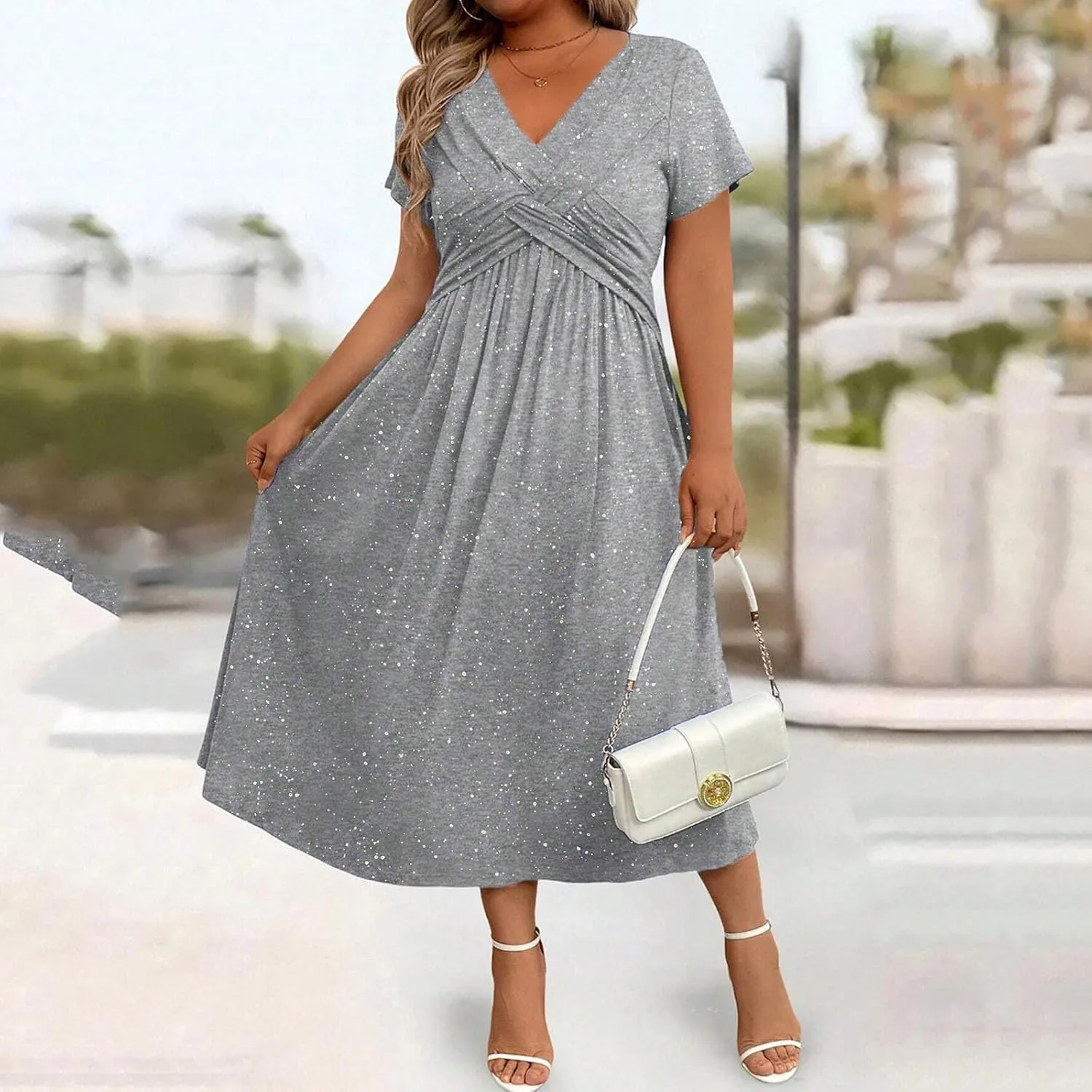 Блестящее повседневное платье-футболка для женщин с карманами Plus Size, струящееся платье с перекрестными деталями, удобная одежда Generic, серый — фото 3