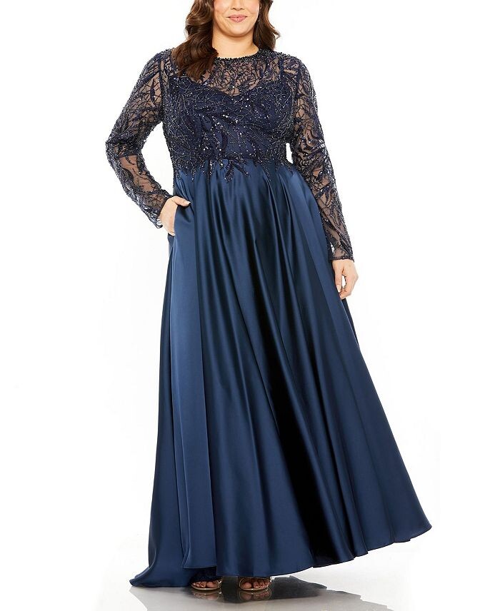 

Mac Duggal Прозрачное атласное платье с длинными рукавами и бисером, синий