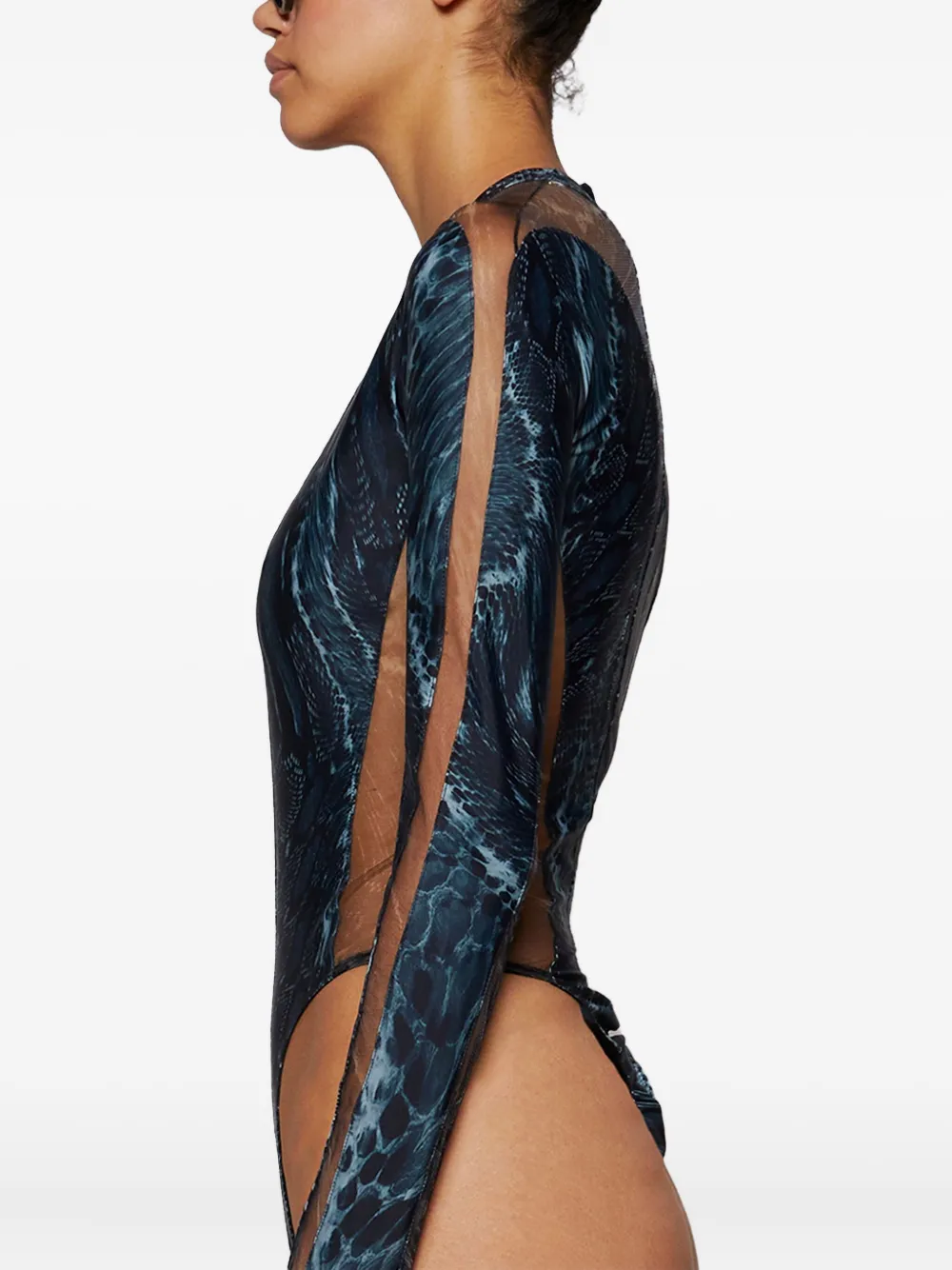 Сетчатое боди со змеиным принтом Mugler, черный — фото 4