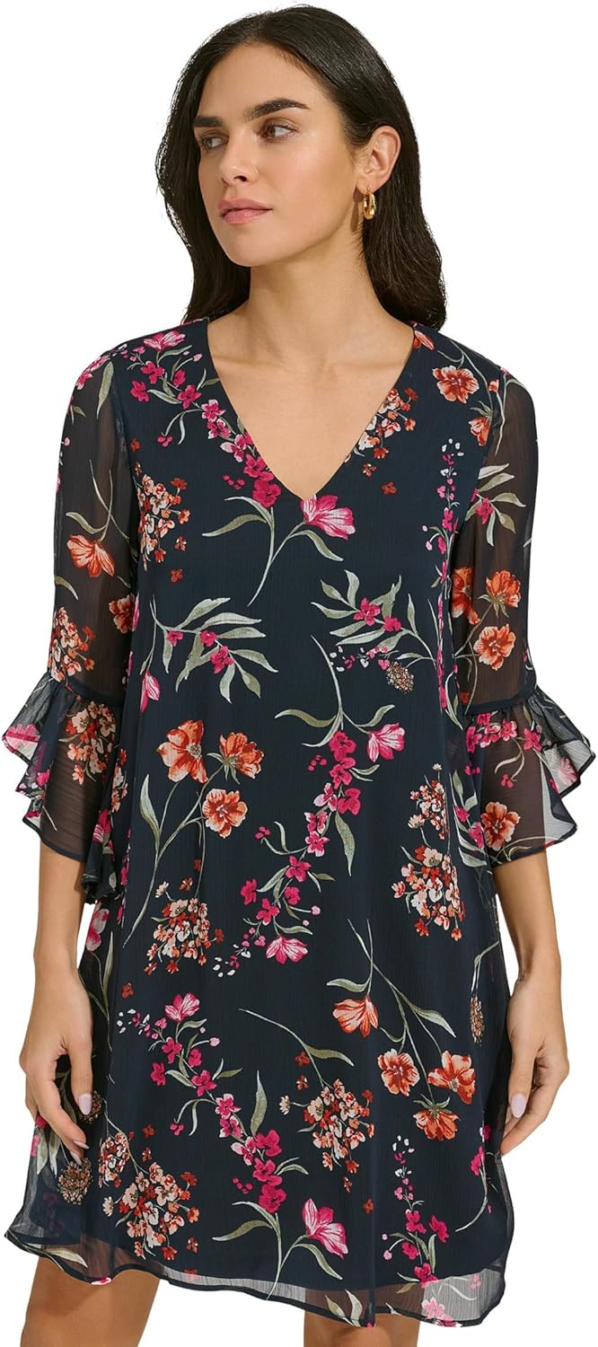 

Женское короткое шифоновое платье Calvin Klein с рукавами-колокольчиками, Indigo Multi