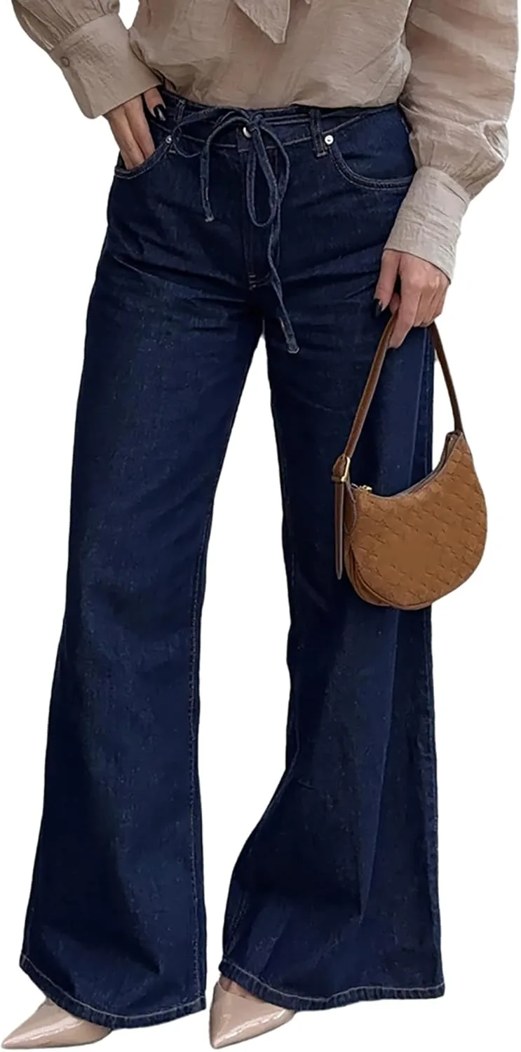 

Женские джинсы с завязками и расклешенным низом mid rise stretchy wide leg QLAUYIOE