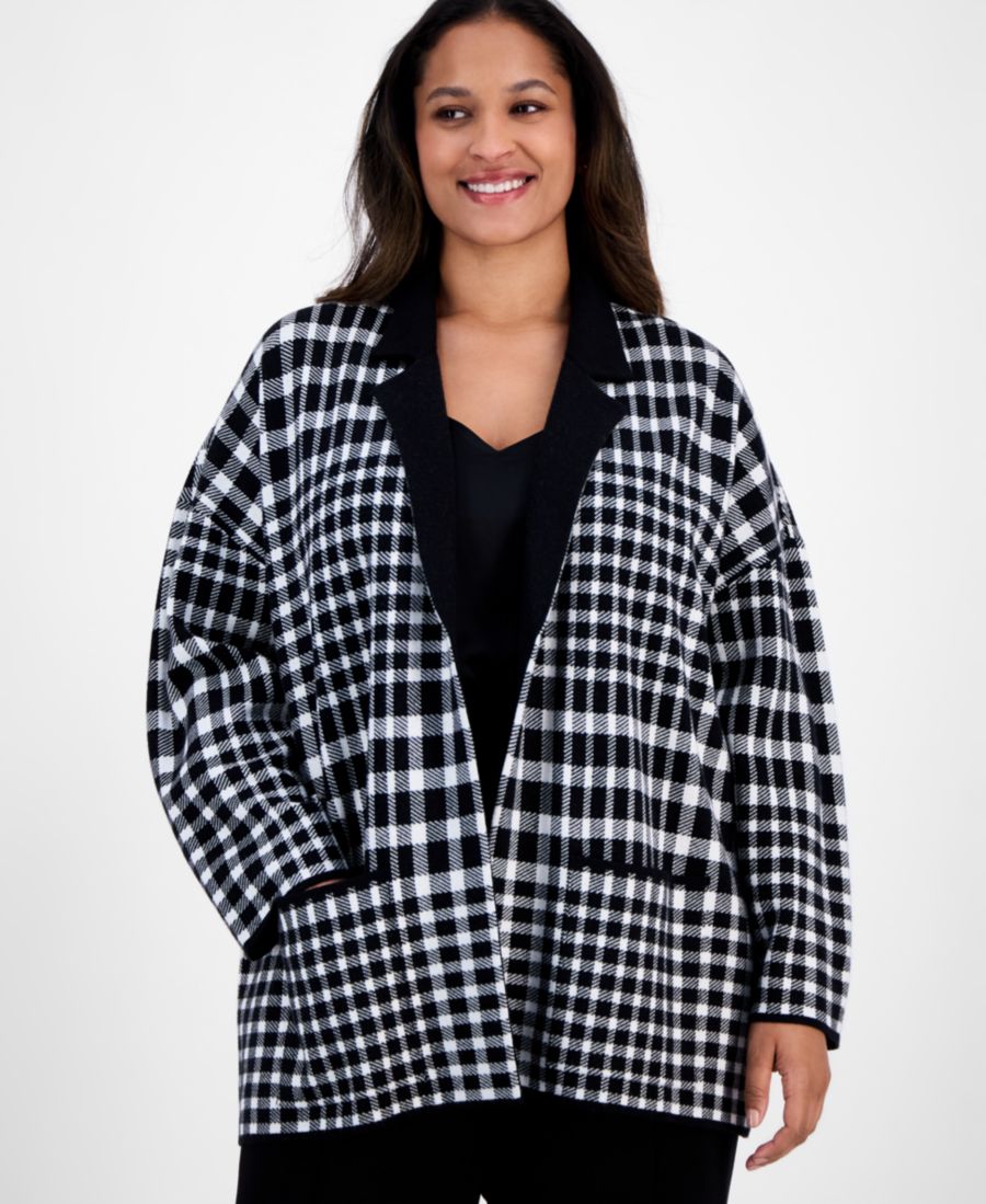 

Блейзер с длинными рукавами в клетку, большой размер AK Anne Klein, Anne Blk / White Dove