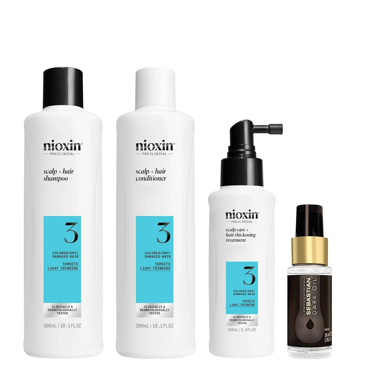 Набор Nioxin Scalp + Hair Thickening System 3 для окрашенных, сухих и поврежденных волос с легким истончением: очищение, кондиционирование и уход + Sebastian Professional Dark Oil легкая укладка
