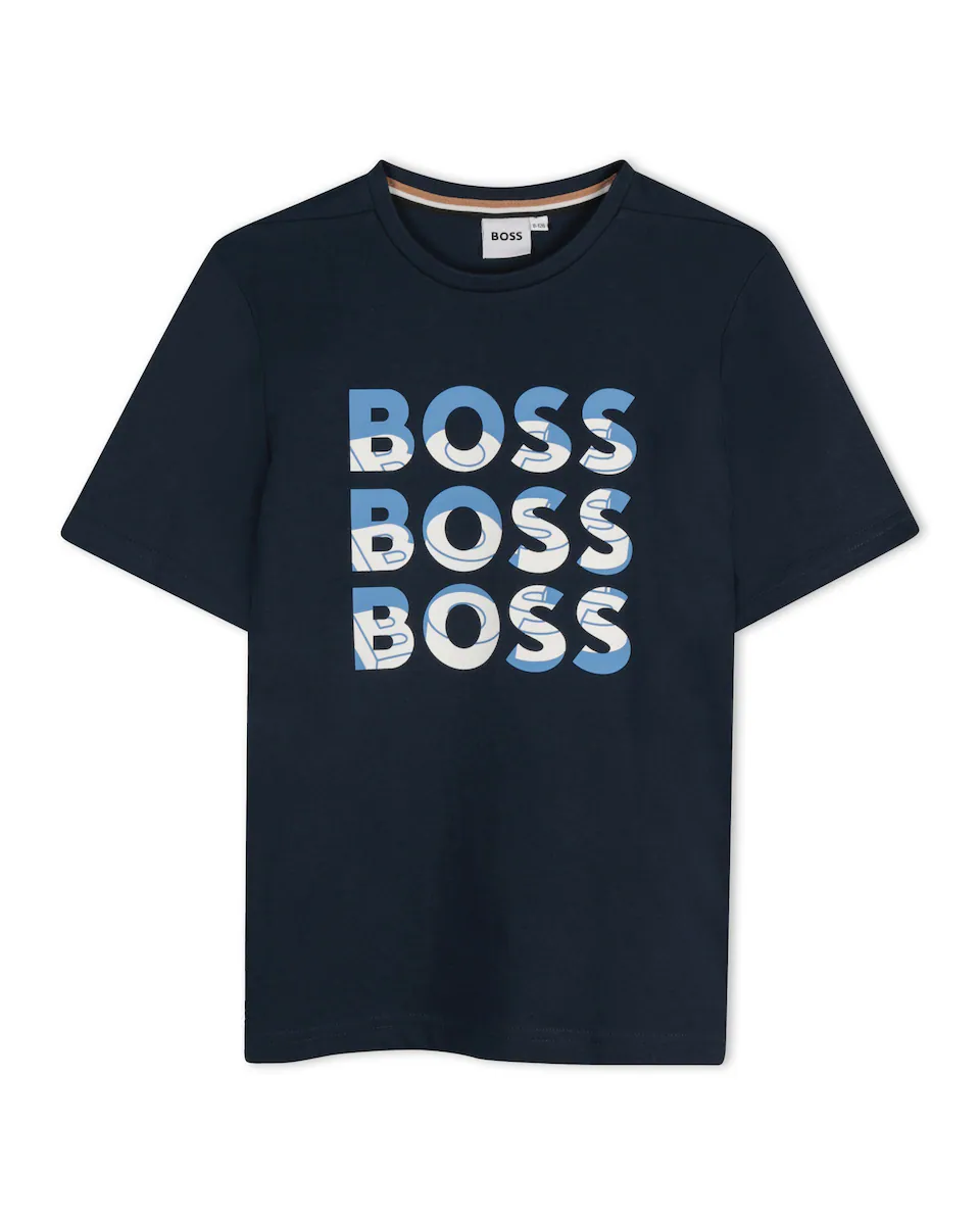 

Футболка из хлопка для мальчика с мультилоготипом BOSS Kidswear, тёмно-синий