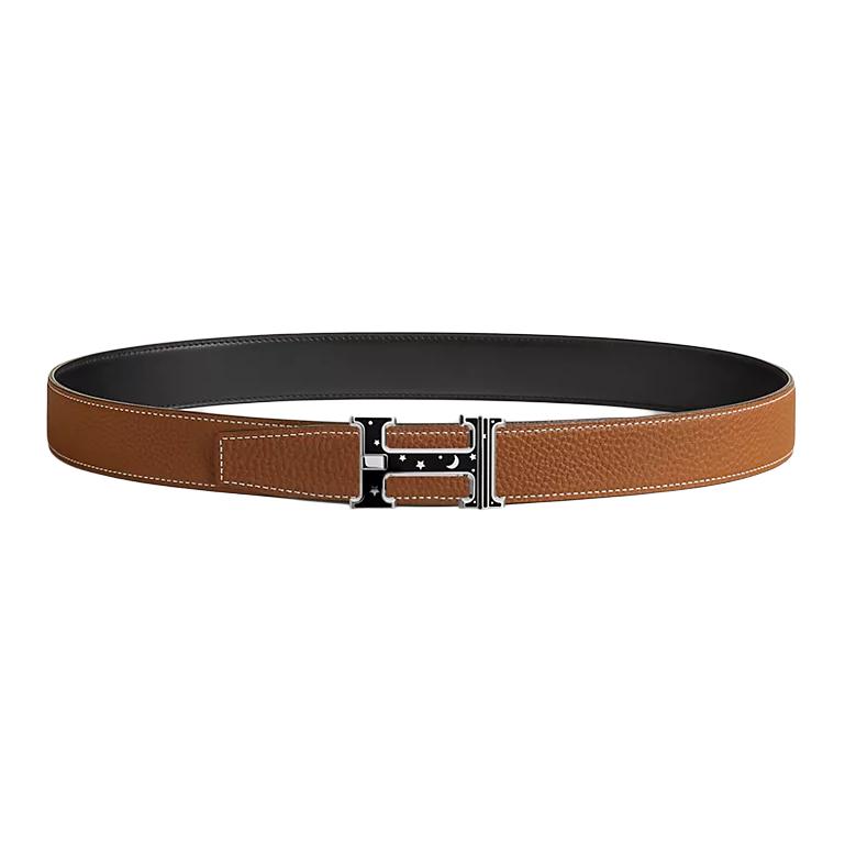 HERMES Мужской ремень из телячьей кожи Того черный с золотом шириной 3,2 см, Black/Gold — фото 3