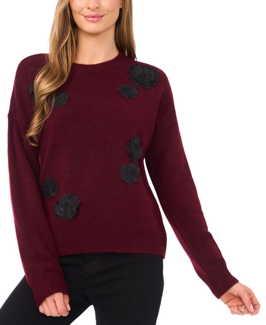

Женский свитер с длинными рукавами и цветочной аппликацией CeCe, Wine