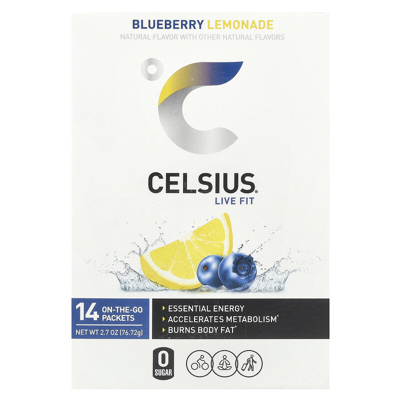 

Celsius, Live Fit, черничный лимонад, 14 пакетиков, по 5,48 г (0,19 унции)