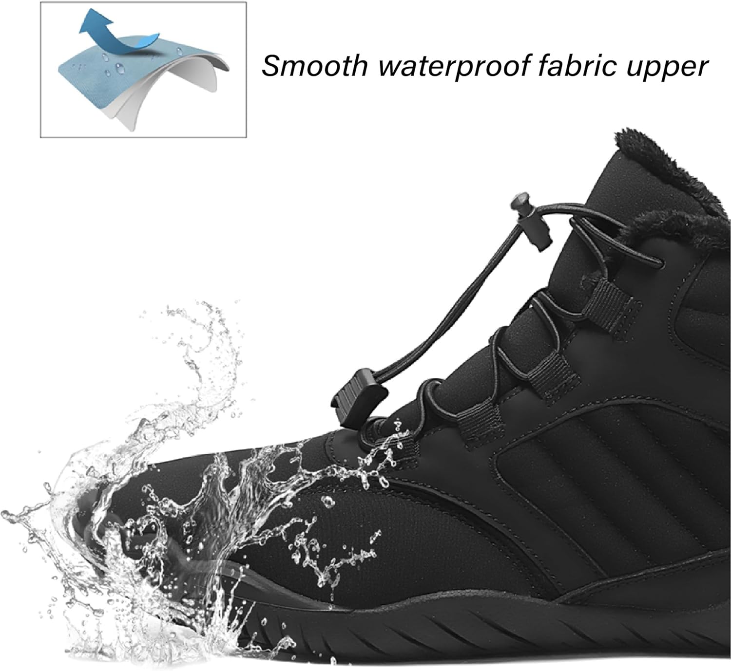 Зимние теплые ботинки Asifn Mens Barefoot с меховой подкладкой для походов, минималистичные, водонепроницаемые, противоскользящие хлопковые обувь, черный — фото 3