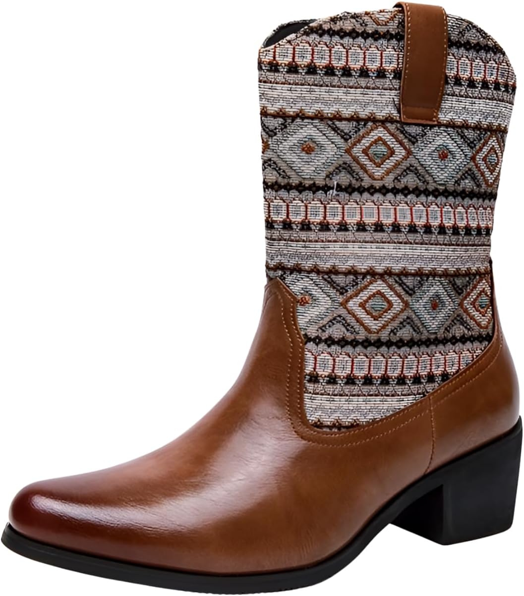 

Кожаные ковбойские сапоги Santimon в западном стиле, ретро с вышивкой, классические модные сапоги, застегивающиеся без шнурков, с противоскользящей подошвой, Tan