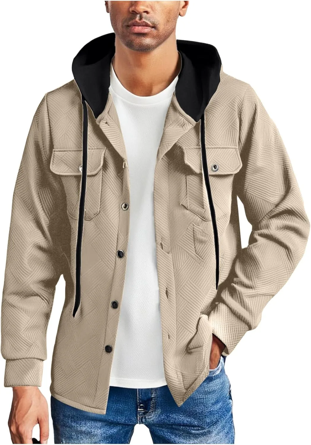 

Мужская текстурированная рубашка-худи с длинными рукавами и накладными карманами