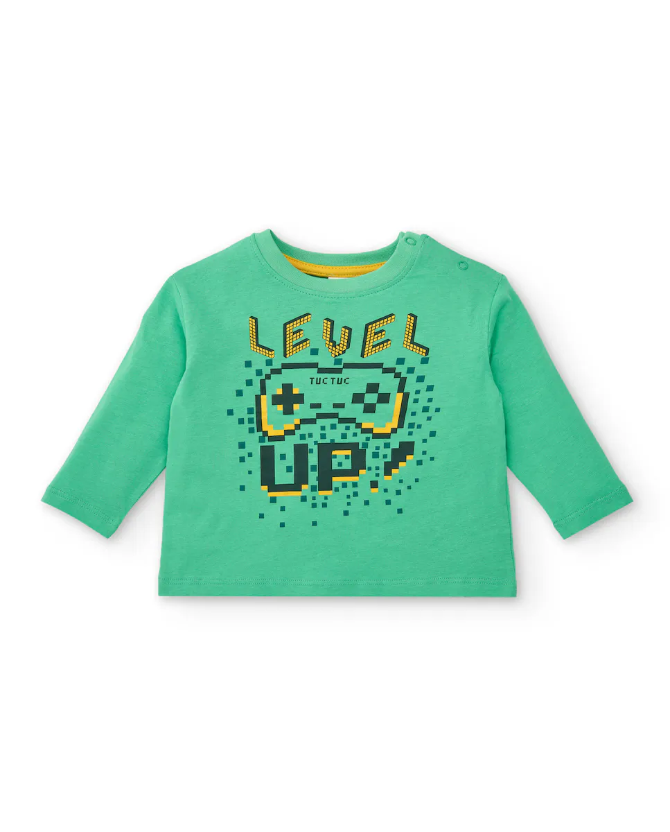 

Зеленая футболка для мальчика с длинными рукавами и принтом Level Up Tuc tuc