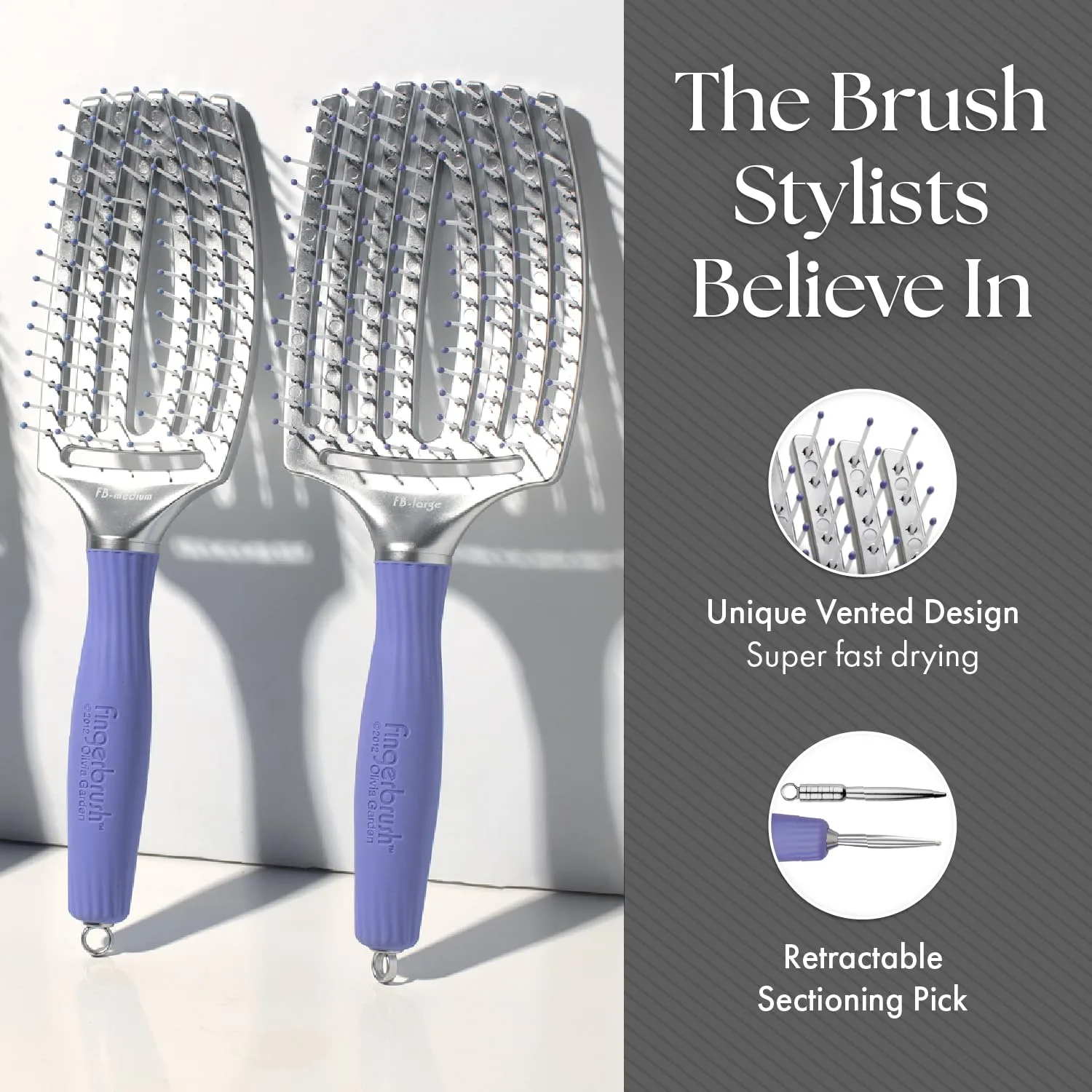 Расческа-щетка Olivia Garden Fingerbrush с изогнутой и вентилируемой поверхностью для сушки феном - идеально подходит для укладки и распутывания волос всех типов - массажная щетка для кожи головы. Набор из 3 штук, Purple, Silver, White — фото 4