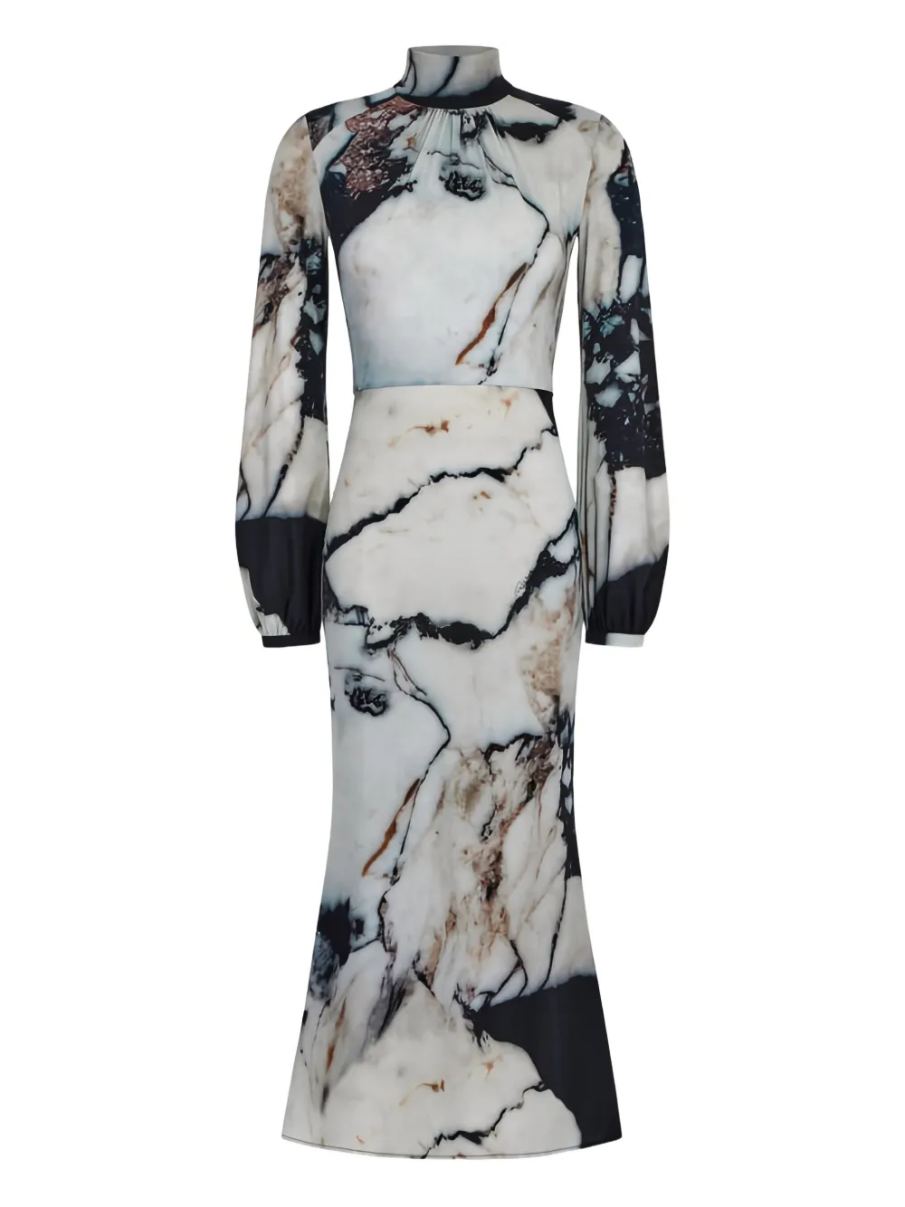 

Платье миди с высоким воротом и мраморным принтом Roberto Cavalli, белый