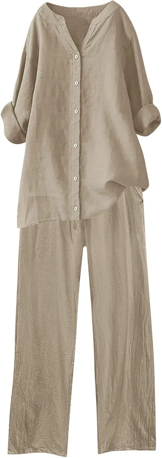 Женский костюм из льноподобной ткани, бренд Generic, цвет Khaki — фото 3