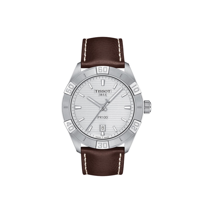 

TISSOT Часы PR100 Collection Quartz Movement Men's Watch Watch 42mm White Dial Stainless Steel Case Leather Strap, Silver Dial