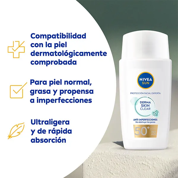 Солнцезащитный флюид для лица Spf 50+ сухой финиш Derma Skin Clear Nivea, 40 ml — фото 2