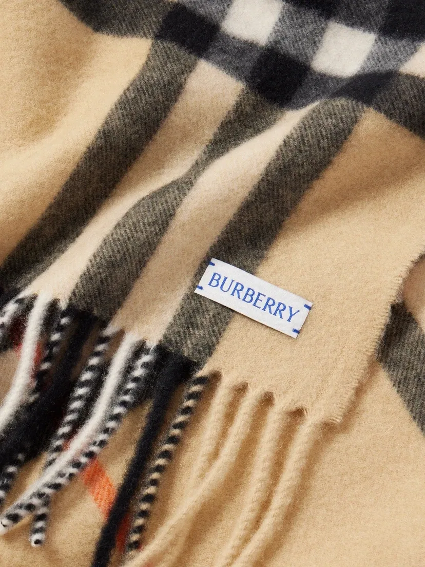 Кашемировый шарф в клетку с бахромой BURBERRY, бежевый — фото 3