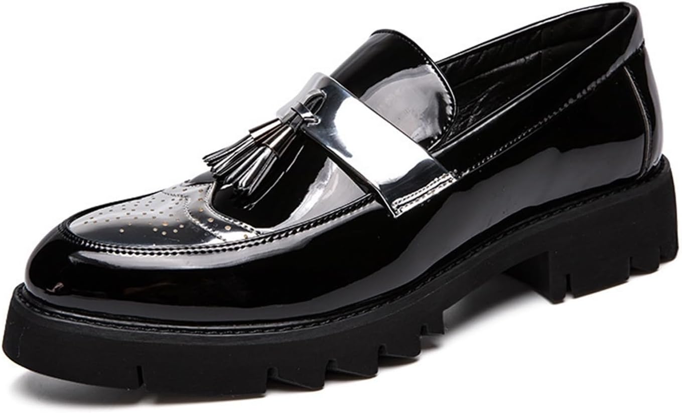 

Мужские лоферы из лакированной кожи с кисточками, платформой, без шнурков, повседневные, модные, с закругленным носком, нескользящей подошвой, обувь для торжеств и вечеринок Generic, серебро