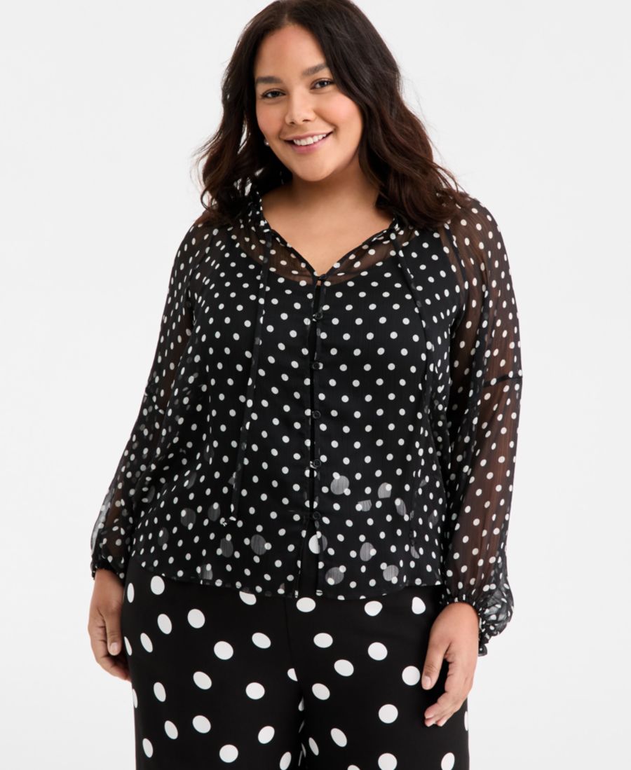 

Модная блузка большого размера из жатого шифона в горошек On 34th, Deep Black Combo