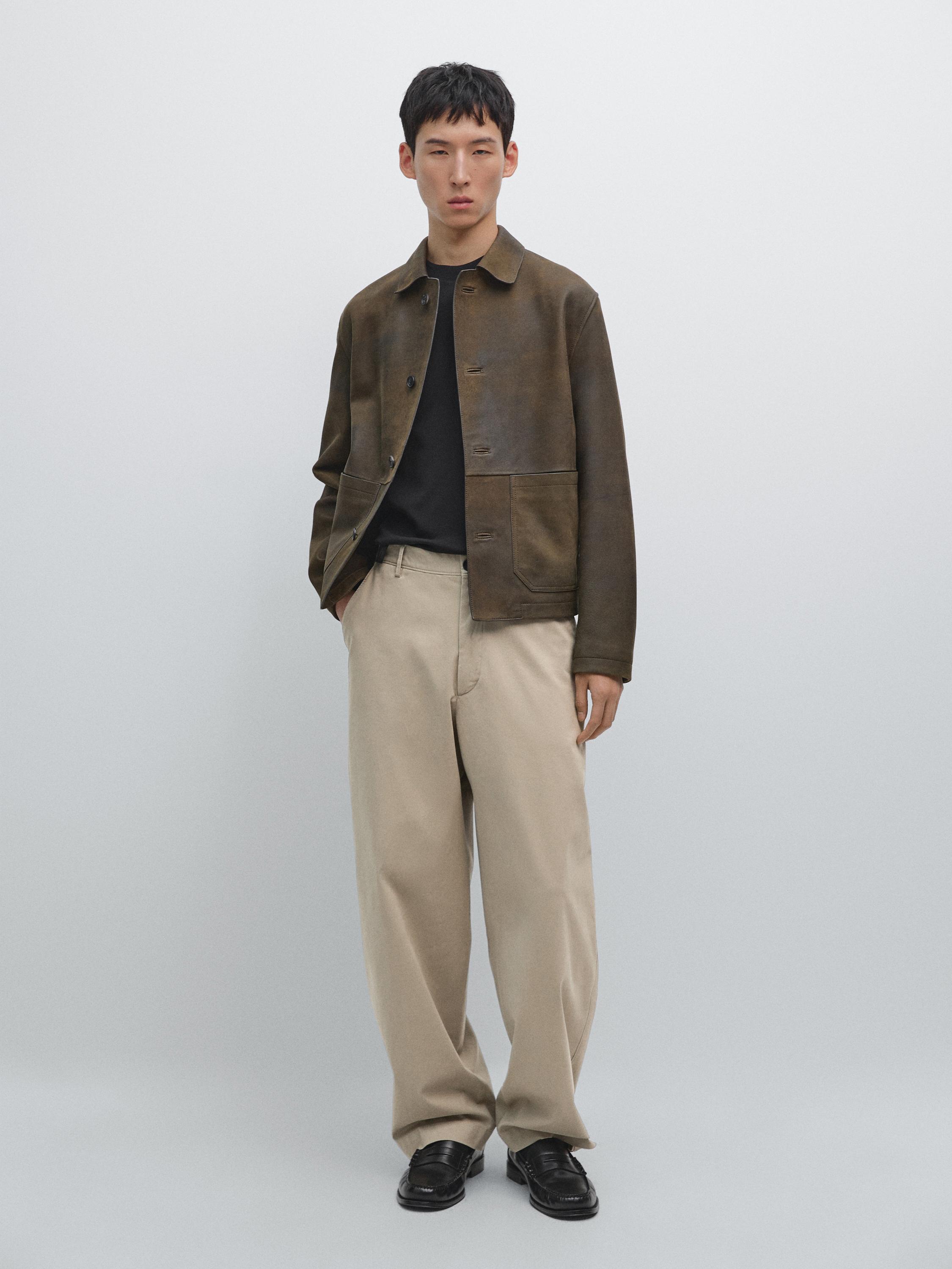 

Брюки широкого кроя из хлопковой смесовой ткани Massimo Dutti, бежевый