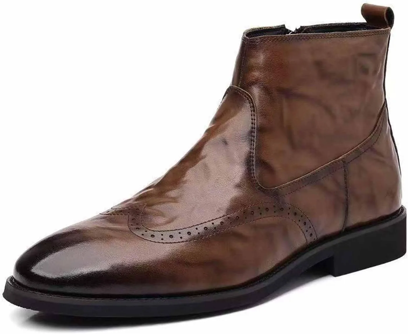 Мужские кожаные оксфорды с низким широким каблуком, броги, с молнией сбоку, с заостренным носком и декоративной перфорацией, ботильоны для официального ношения DONRRNDK, коричневый